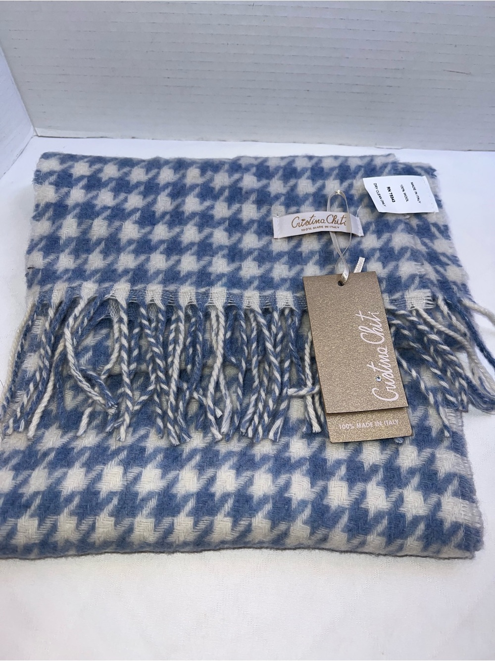 Cristina Chiti Scarf Womens OS Sky Blue/White 100% Wool Made In Italy Fringe NWT
